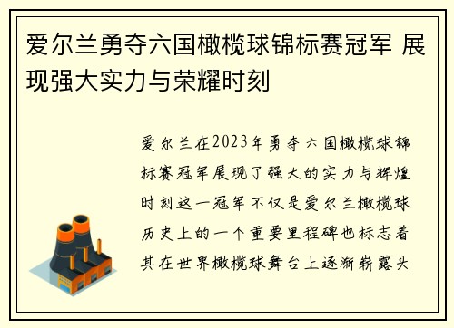 爱尔兰勇夺六国橄榄球锦标赛冠军 展现强大实力与荣耀时刻